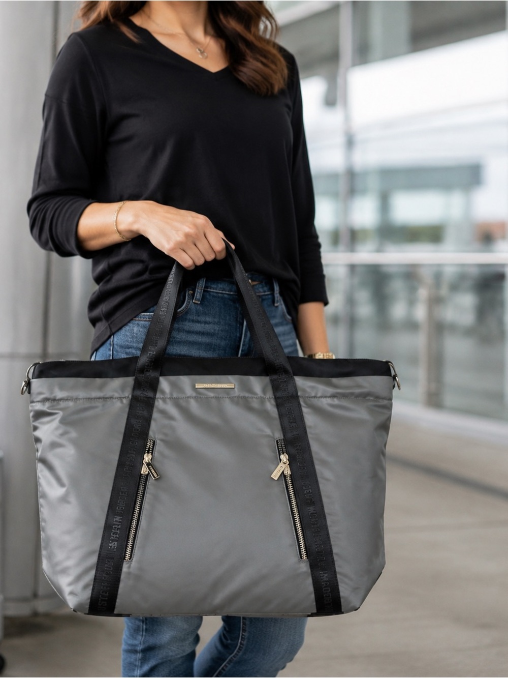 Steve Madden Gray Black Nylon Convertible Weekender Travel Tote Bag